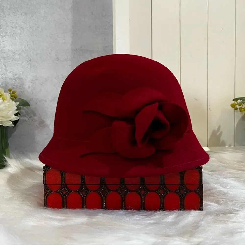 NEW Charter Club Wool Gatsby Cloche Bucket 1920’s Rose Winter Hat Red OS NWT